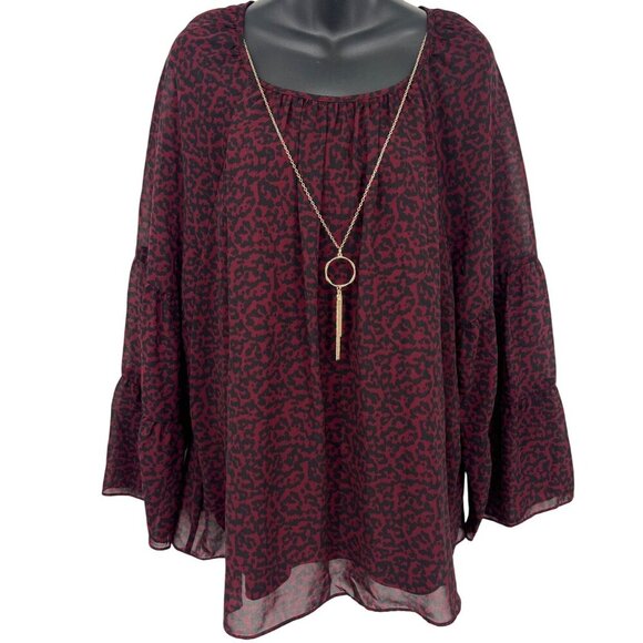 JM Collection Women XL Cherry Pie Red Black Leopard Blouse Long Bell Sleeve New - Picture 1 of 9